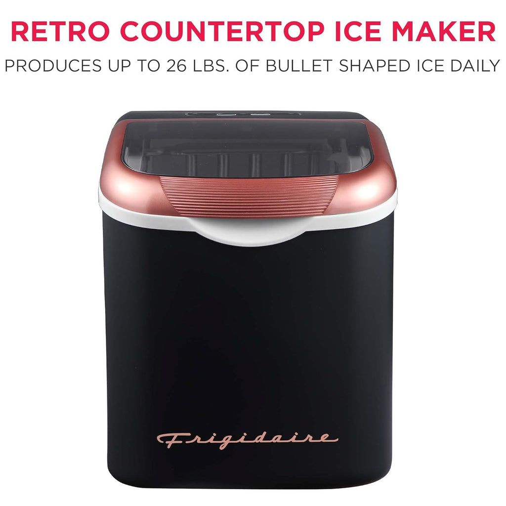 FRIGIDAIRE Retro Compact Ice Maker Machine, Bullet Ice, 26 lb per Day (BlackRoseGold)