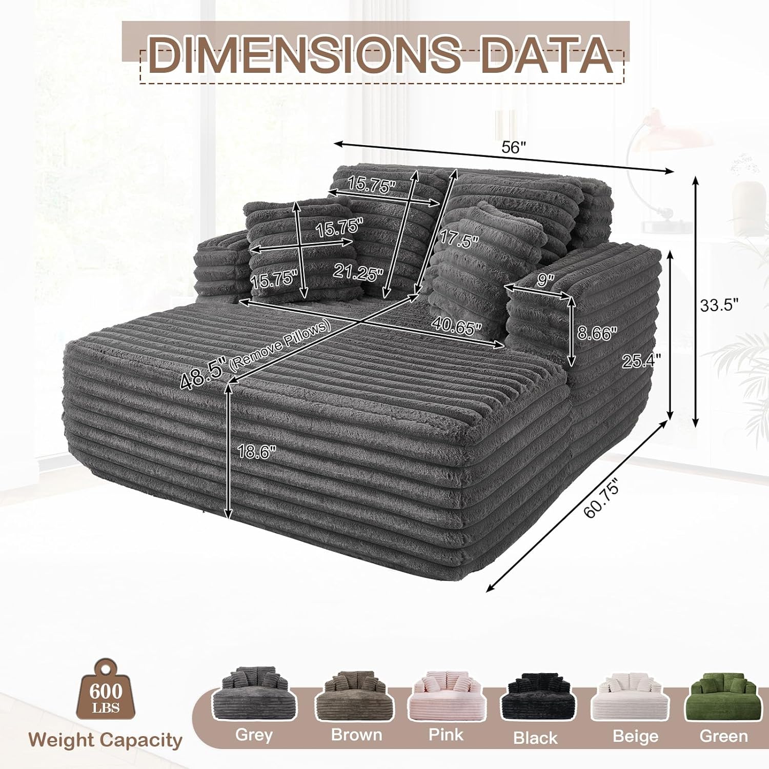 56" Oversized Chaise Lounge Chair Indoor,Plush Faux Fur Sleeper Sofa Couch Bed with Pillows&Wide Armrests,Fluffy Comfy Cloud Couch,Compression Foam Couch for Living Room,Bedroom(Grey)