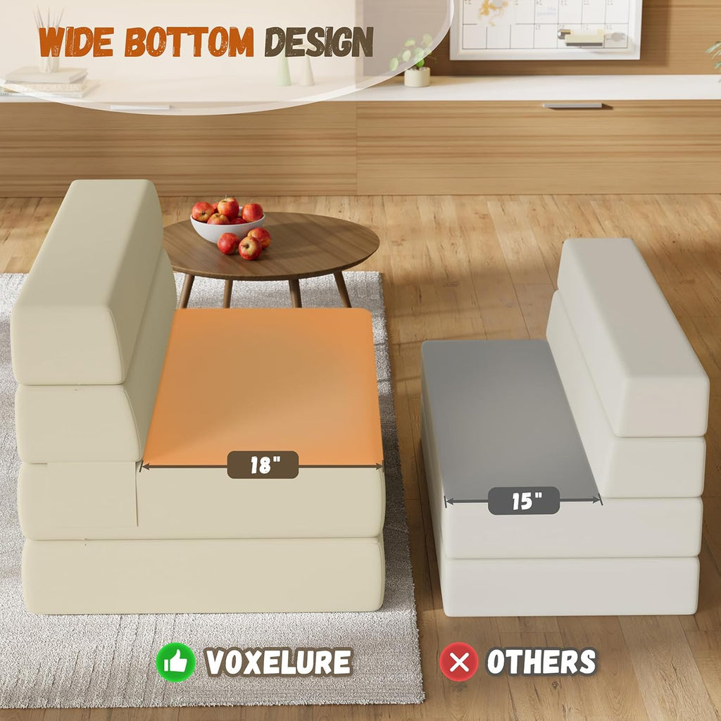 Folding Sofa Bed, Convertible Sleeper Chair & Couch Bed with Pillow, One-Piece High-Density Sponge Mattress, Multi-Purpose Floor Sofa for Living Room, Office, Dorm, Apartment, Beige, Single
