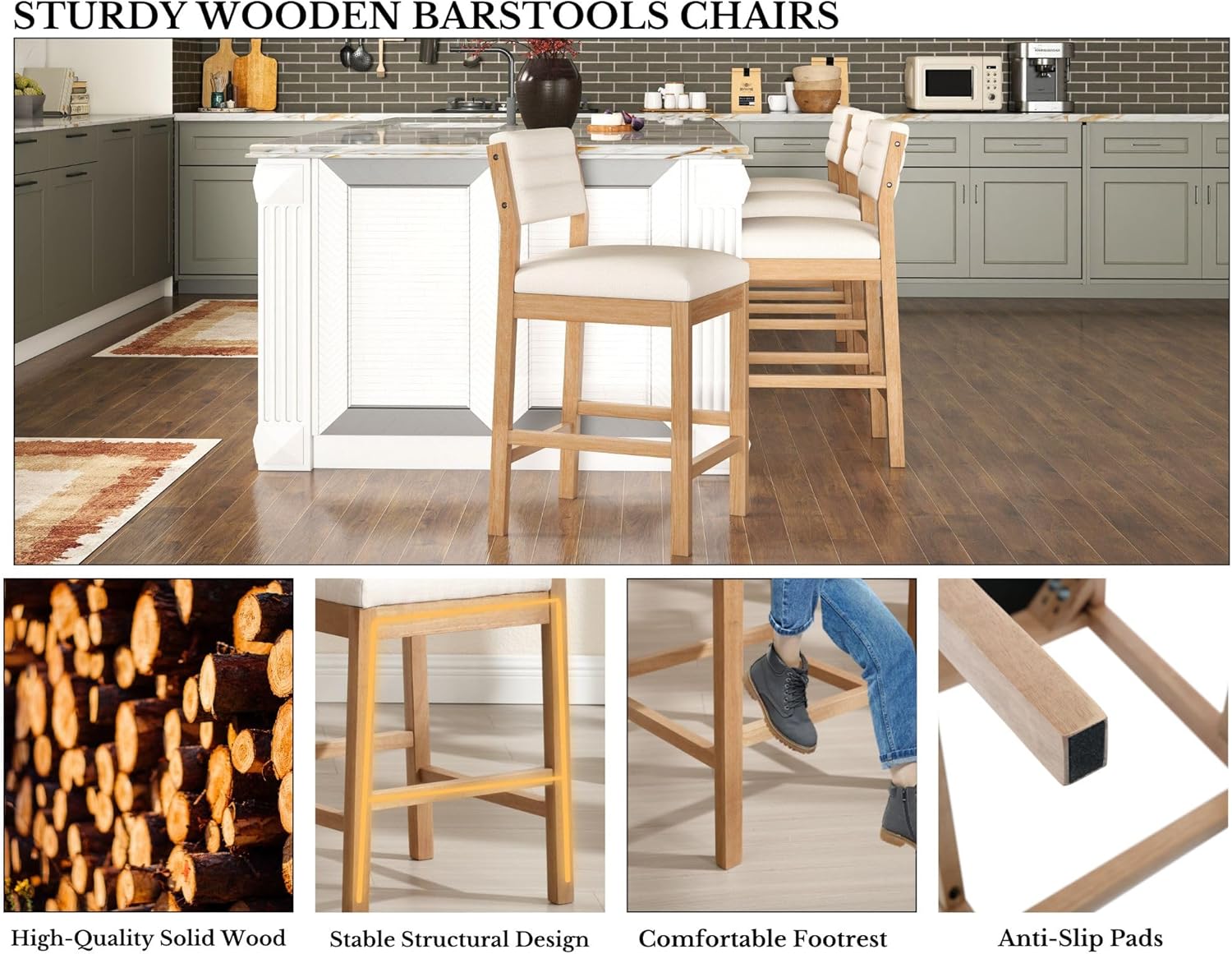 26.5'' Tall Bar Stools Set of 2 Modern Counter Stools with Backs Beige Linen Upholstered Bar Height Chairs Counter Height Island Stools with Wood Frame Farmhouse Wooden Barstools for Kitchen Island