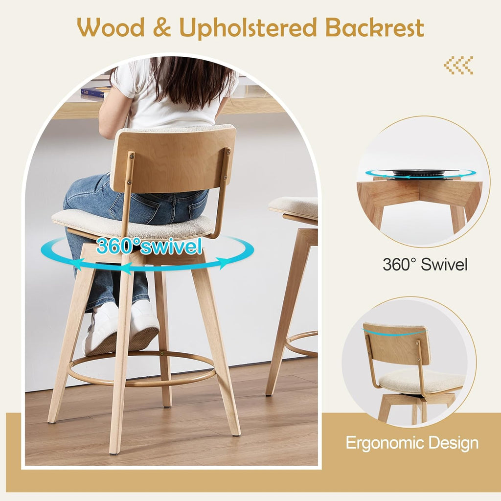 Swivel Counter Height Barstools, 26" Natural Wood Bar Stools Set of 2, Kitchen Counter Stools with Wooden Legs, Linen Fabric Island Chairs for Kitchen Island and Home Pub, Beige + Natural Finish