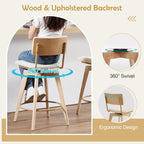 Swivel Counter Height Barstools, 26" Natural Wood Bar Stools Set of 2, Kitchen Counter Stools with Wooden Legs, Linen Fabric Island Chairs for Kitchen Island and Home Pub, Beige + Natural Finish