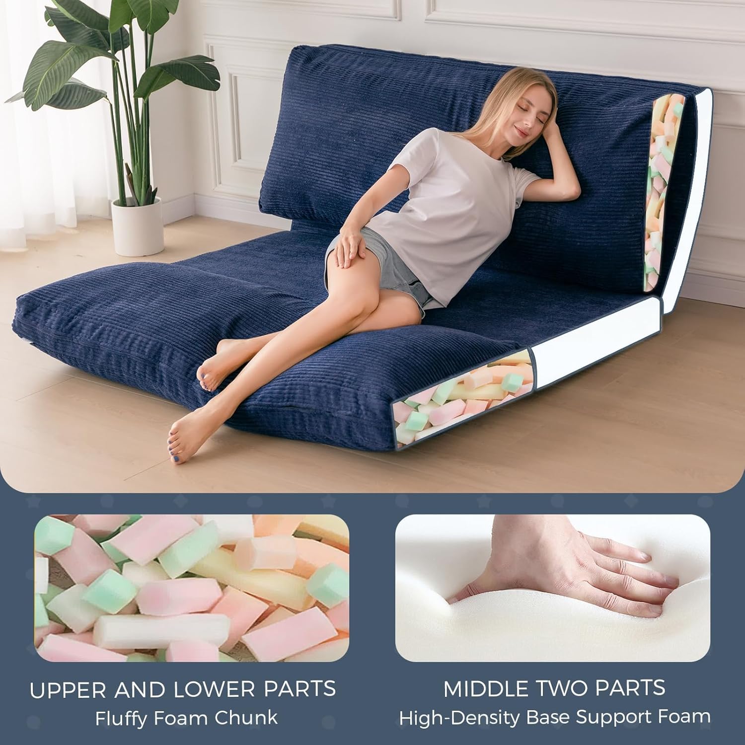 MAXYOYO Folding Sofa Bed, Floor Sofa Convertible Sleeper Chair with Washable Cover, Floor Couch Lounge Bean Bag Chair Bed for Living Room, Navy, 30x95 Inch