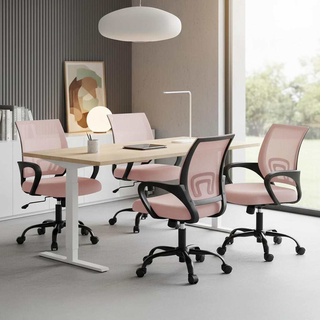 DUMOS Home Office Chair - Ergonomic Mid Back Mesh Desk Chair with Lumbar Support & Rocking Mode, Height Adjustable with Fixed Armrest, for Computer, Gaming, Meeting, 360° Swivel, Pink