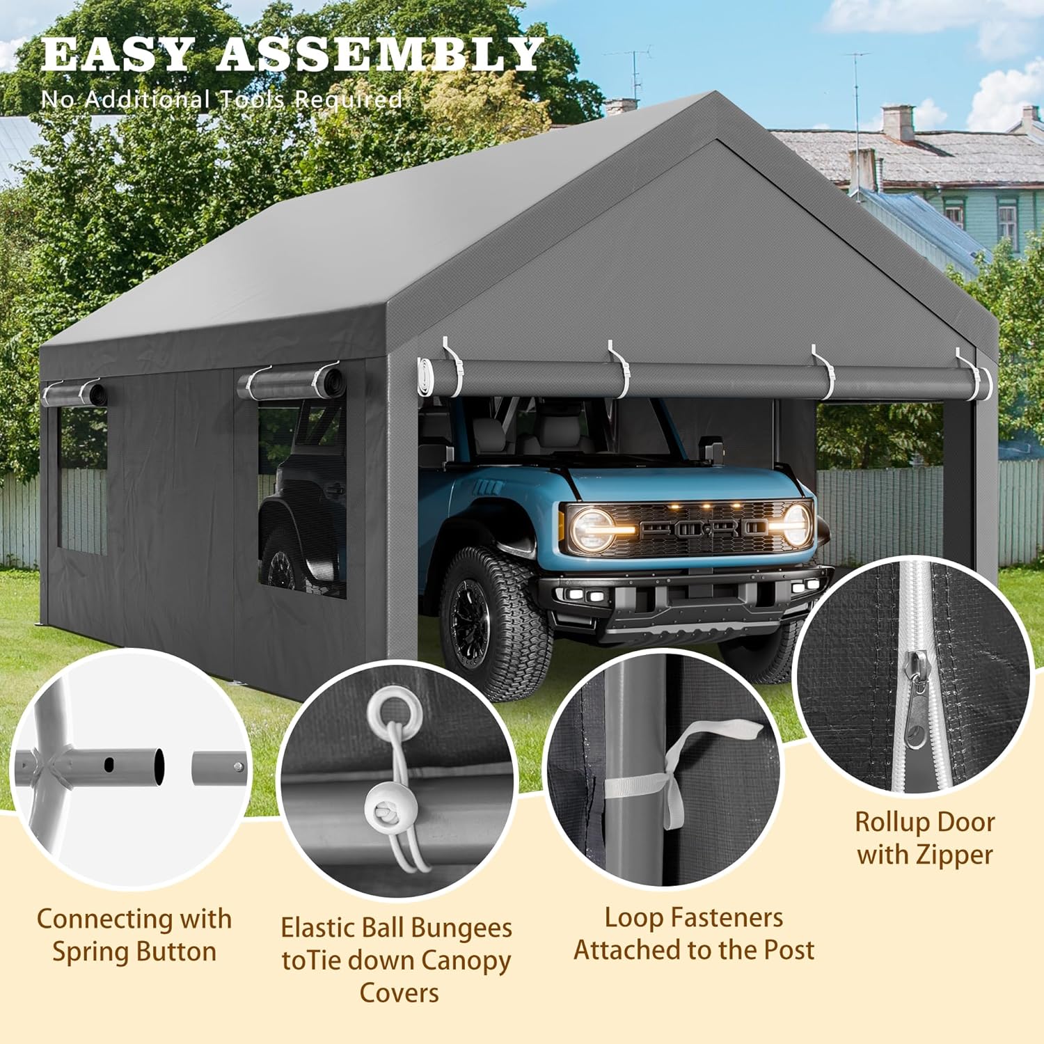 Nuturelly 12x20 FT Carport, Heavy Duty Carport Canopy with Roll-up Windows, Portable Garage with Removable Sidewalls & Doors, Car Canopy with All-Season PE Tarp for Car, Truck, Boat,Gray