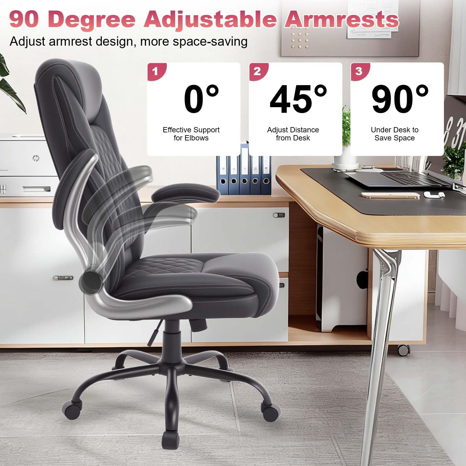 Ergonomic Executive Office Chairs with Lumbar Support Wheels PU Leather Padded Home Desk Chairs with Adjustable Flip Arms, Black