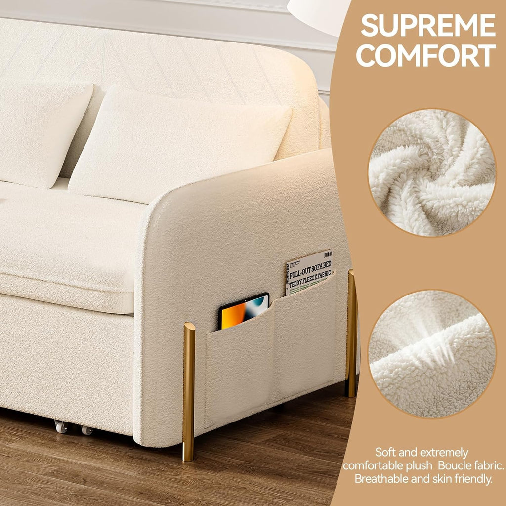 3-In-1 Convertible Sofa Bed with USB Ports, Pull Out Couch for Living Room Teddy Suede Fabric, Loveseat Sleeper Sofa with Side Pockets, 2 Pillows, Hide a Bed Couches for Small Spaces（US Fast Arrival）