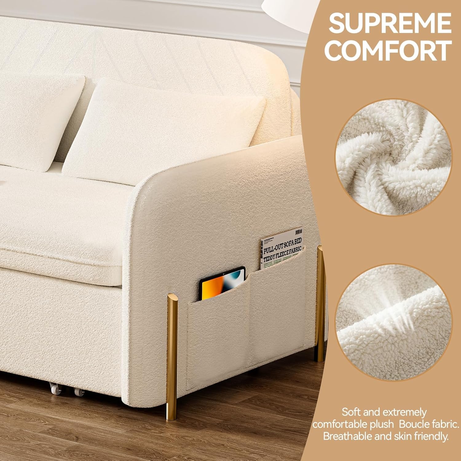 3-In-1 Convertible Sofa Bed with USB Ports, Pull Out Couch for Living Room Teddy Suede Fabric, Loveseat Sleeper Sofa with Side Pockets, 2 Pillows, Hide a Bed Couches for Small Spaces（US Fast Arrival）