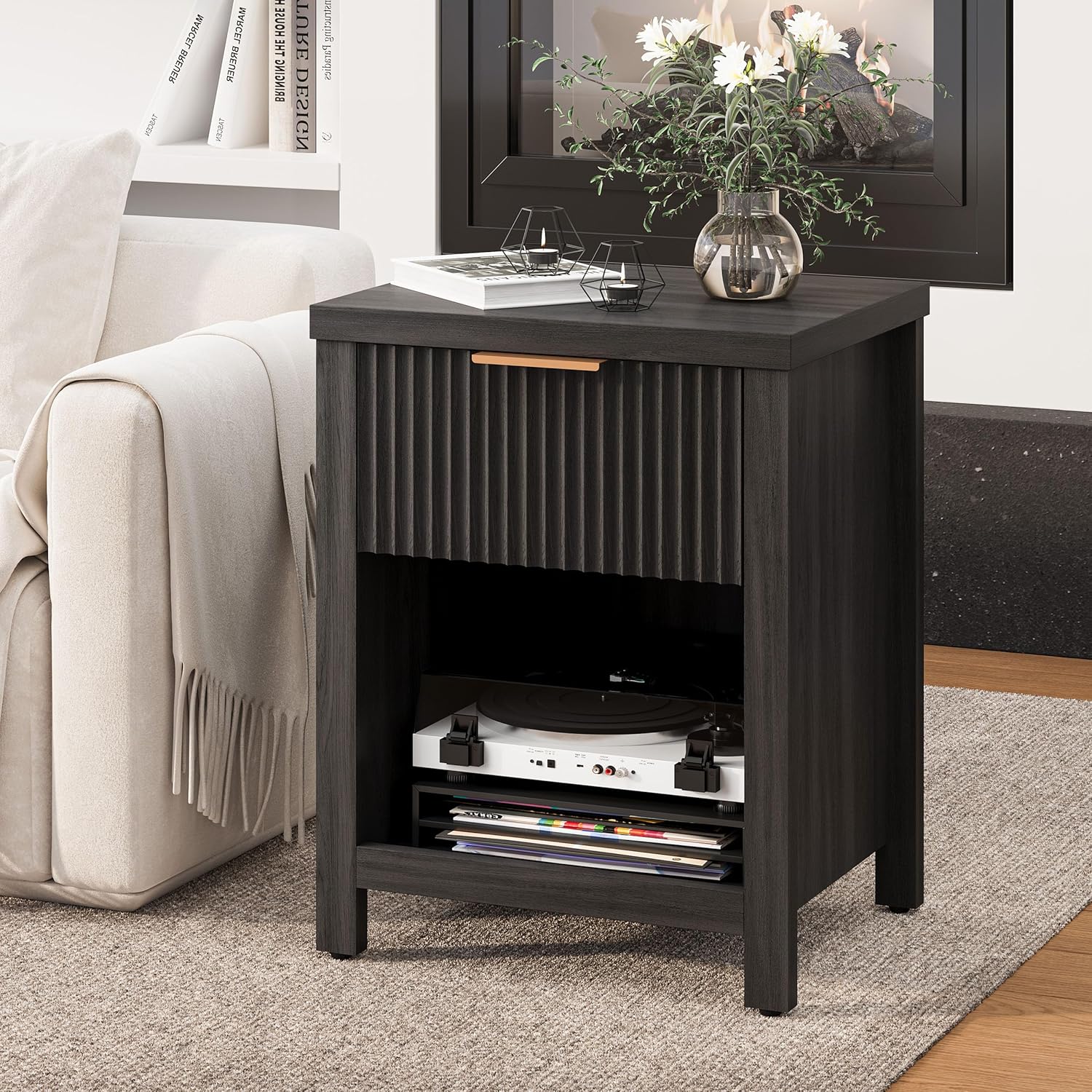 Fluted Nightstands Set of 2, Brooklyn Night Stand with Drawers, Modern Beside Table with Storage, Small End Table for Bedroom Living Room Small Space (2, Grey) BNS101BG-2