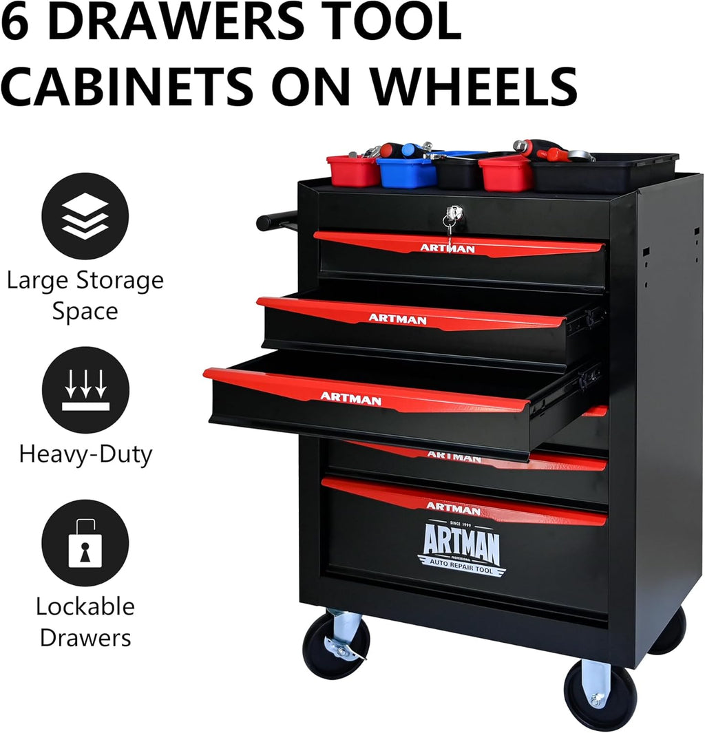 6 Drawers Rolling Tool Box, Tool Cart with 7 Tool Storage Boxes, Multifunctional Tool Chest with Wheels, Lockable Tool Trolley Organizer for Garage Workshop Warehouse Repair Shop, Black+Red