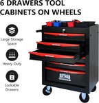6 Drawers Rolling Tool Box, Tool Cart with 7 Tool Storage Boxes, Multifunctional Tool Chest with Wheels, Lockable Tool Trolley Organizer for Garage Workshop Warehouse Repair Shop, Black+Red