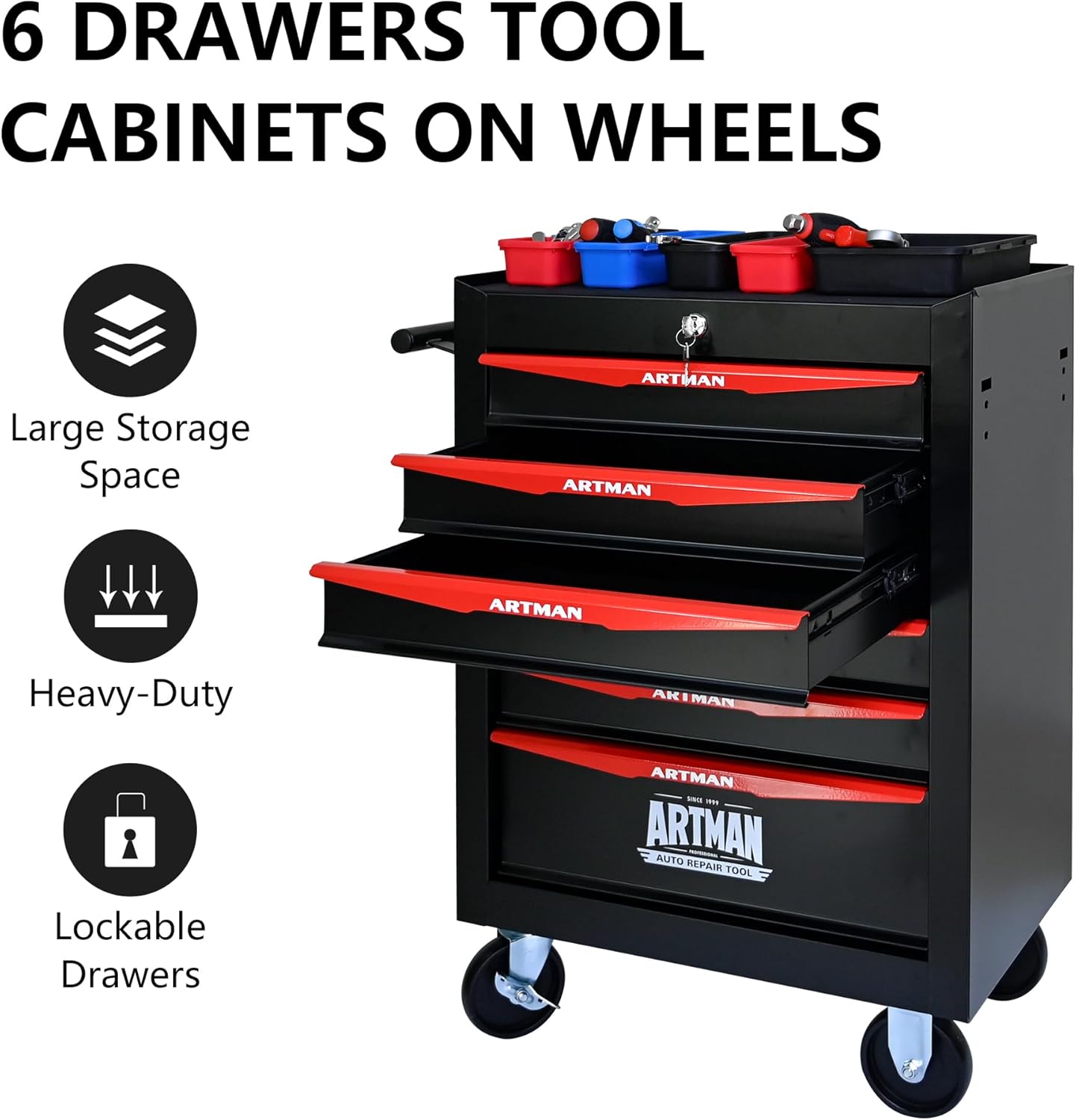 6 Drawers Rolling Tool Box, Tool Cart with 7 Tool Storage Boxes, Multifunctional Tool Chest with Wheels, Lockable Tool Trolley Organizer for Garage Workshop Warehouse Repair Shop, Black+Red