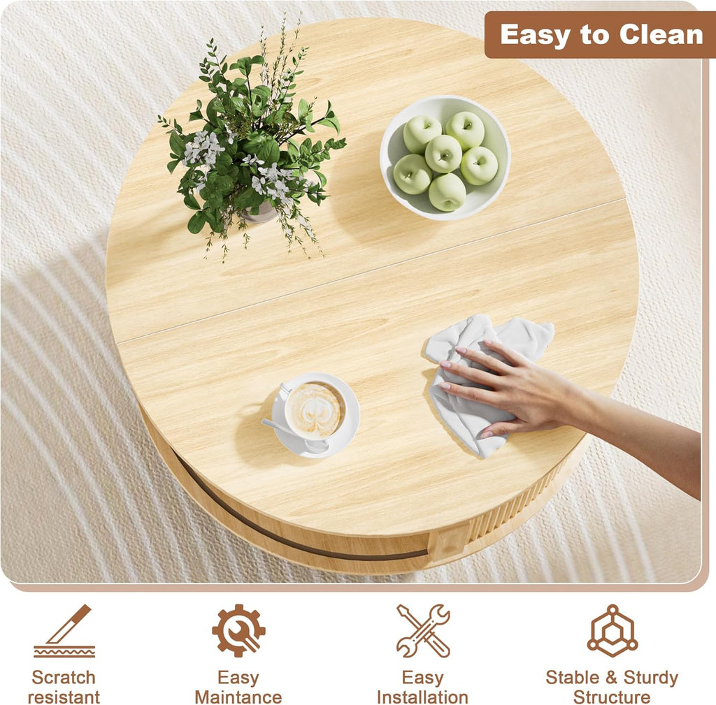 31.5" Round Fluted Coffee Table with Hidden Storage, Modern Wood Coffee Table with Flip-Up Hinged Tabletop, Divided Compartments and Rotating Base for Living Room & Apartment (Natural Wood)
