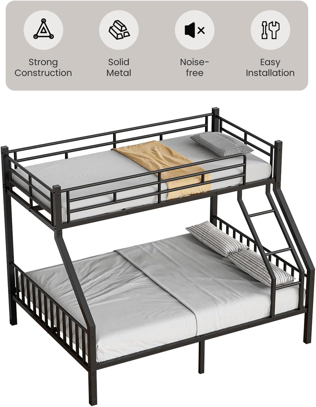 Twin XL Over Queen Bunk Bed, Heavy Duty Queen Bunk Bed for Adults, Metal Bed Frame with Full-Length Guardrails & EVA Padded Anti-Slip Ladder, No Box Spring Needed, Black