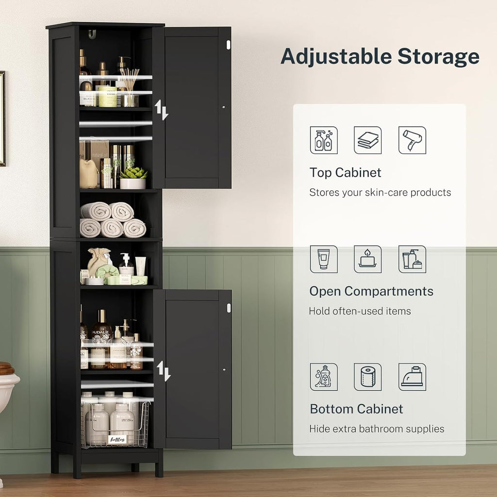 TEENFON 67" Tall Bathroom Cabinet with Adjustable Shelves and Doors, Narrow Bathroom Storage Cabinet for Small Space, Living Room, Entryway, Kitchen, Black