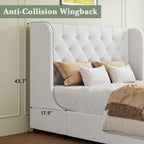 HOMBCK White Queen Bed Frame, Velvet Upholstered Platform Bed Frame with Headboard, Curved Wingback Design, Wooden Slats, No Box Spring, Noise Free, Easy Assembly