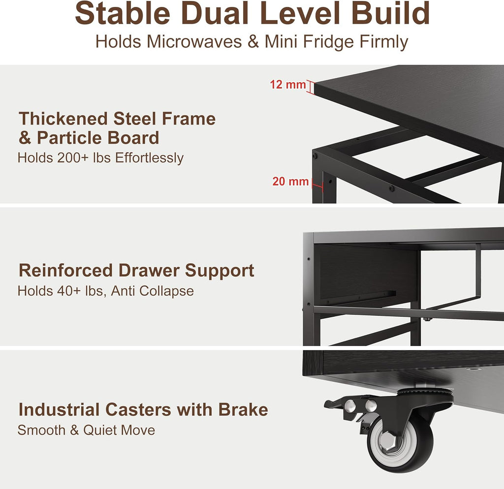 Mini Fridge Stand Cabinet Table Station With Storage Drawers For Dorm Refrigerator To Sit On, Heavy Duty Small Cart With Wheels, Black Office Beverage Shelf and Power Outlet, Sturdy Bedroom Nightstand