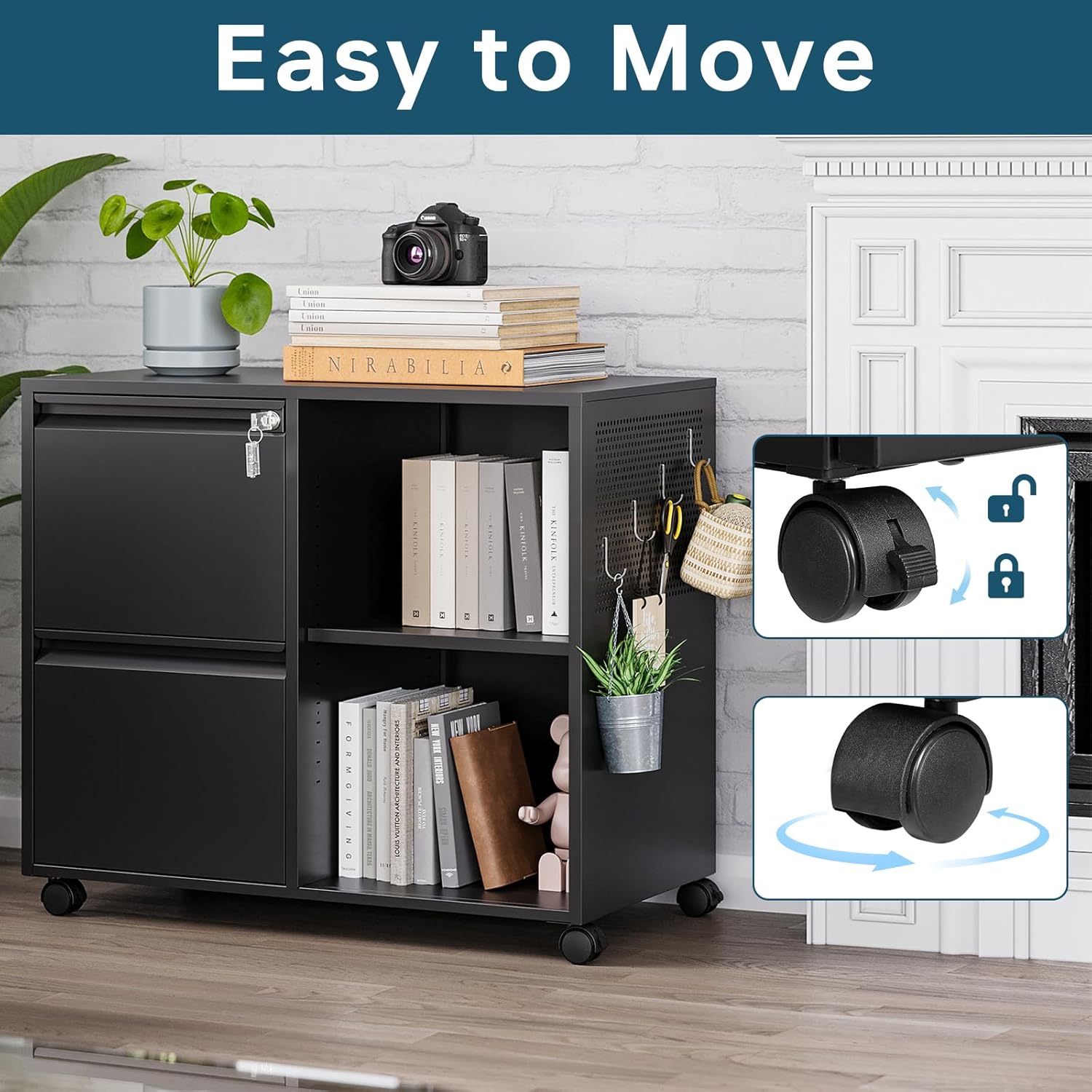 MIIIKO 2 Drawer File Cabinet on Wheels, Metal Filing Cabinets with Shelf, Home Office Mobile File Cabinet with Lock, Printer Stand Storage A4, Letter Size File Folders