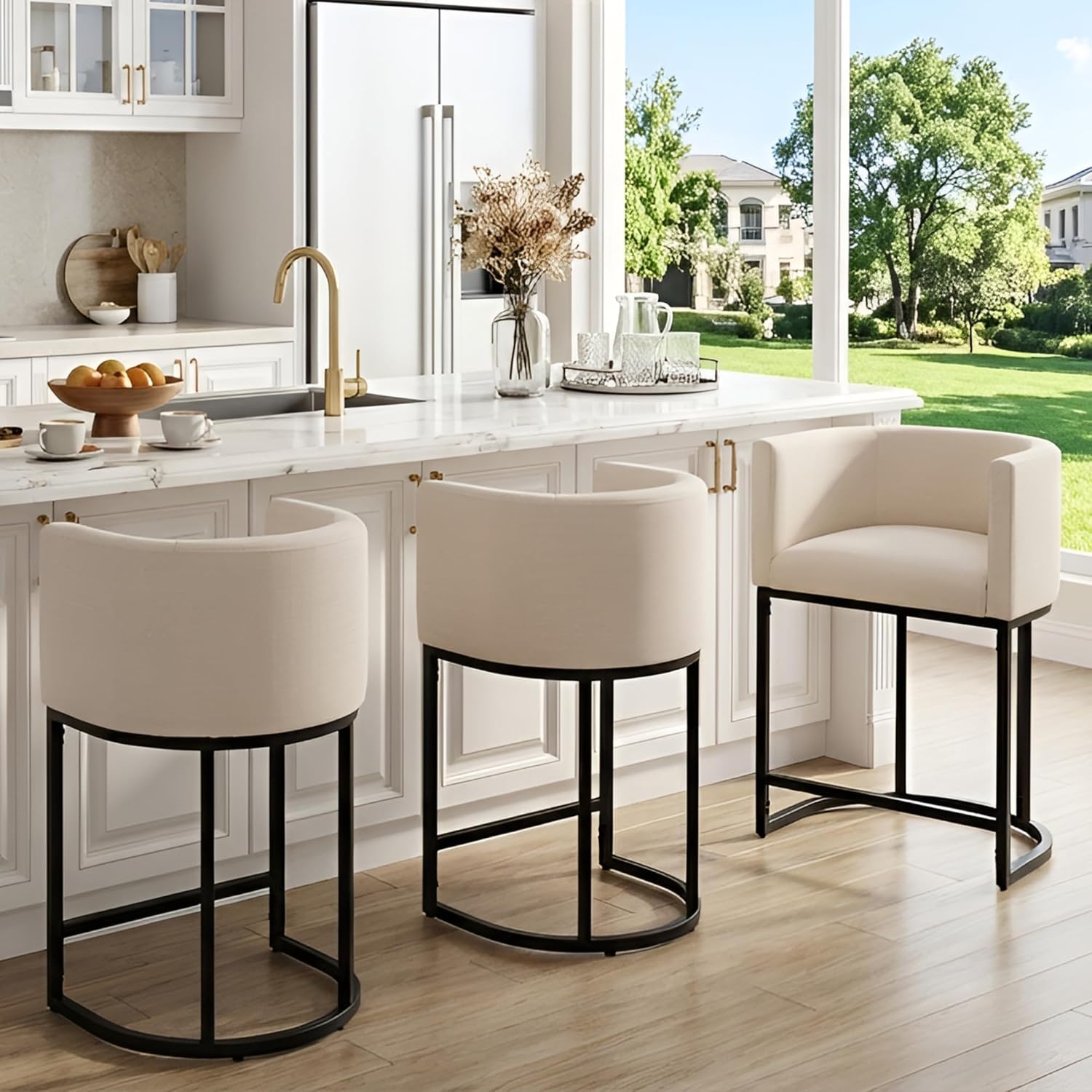 HNY Modern Counter Height Linen Fabric Upholstered Counter Stools Set of 3, 24 Inch Kitchen Island Stool with Black Tubular Frame, Cream