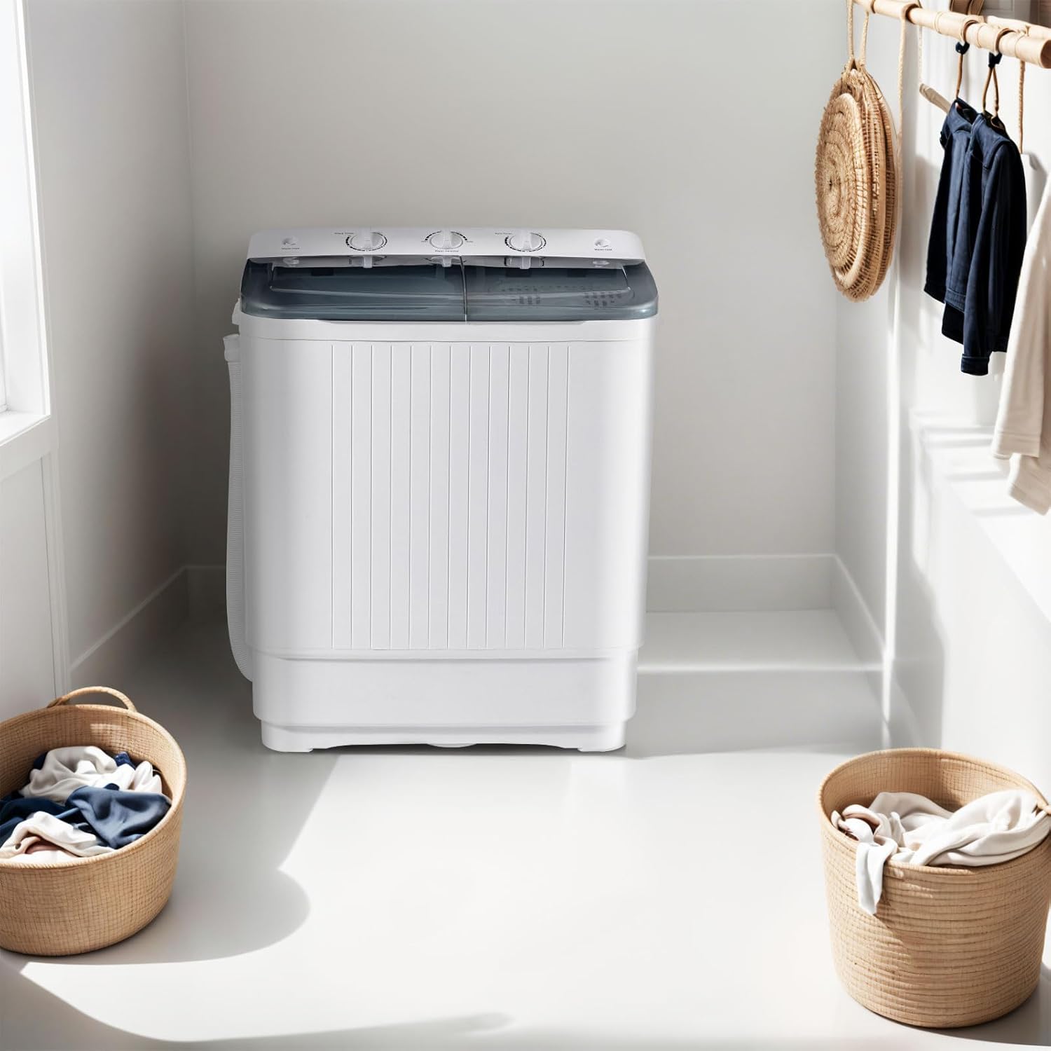 Sportpulse Portable Washing Machine with Time Control, Mini Twin Tub 32lbs Capacity Laundry, 20lbs Washer & 12lbs Spinner, ideal for Camping, Apartments, RV (Black, 32lbs)