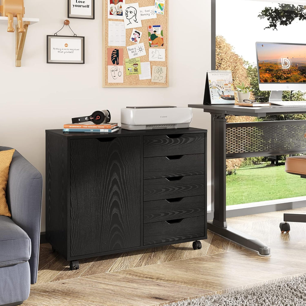 5-Drawer Wood Drawer Cabinet, Office Storage Cabinet with Adjustable Shelf & Wheels, Printer Stand for Home Office, Black, 15.7" D x 30.7" W x 25.4" H