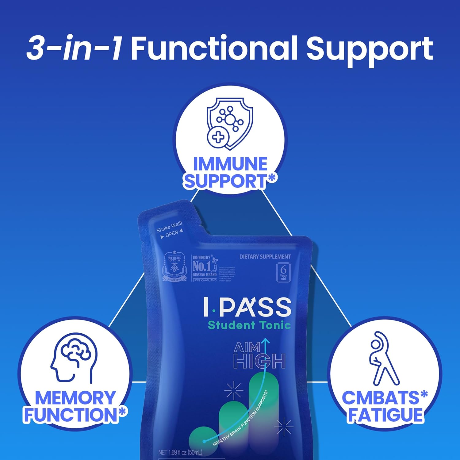 JUNG Kwan Jang iPass Student Tonic - Adaptogen Energy Drink Supplement with Korean Red Ginseng, Jujube, Astragalus & Angelica - Daily Support for School and Activities (30 Pouches, 1.69 fl oz)