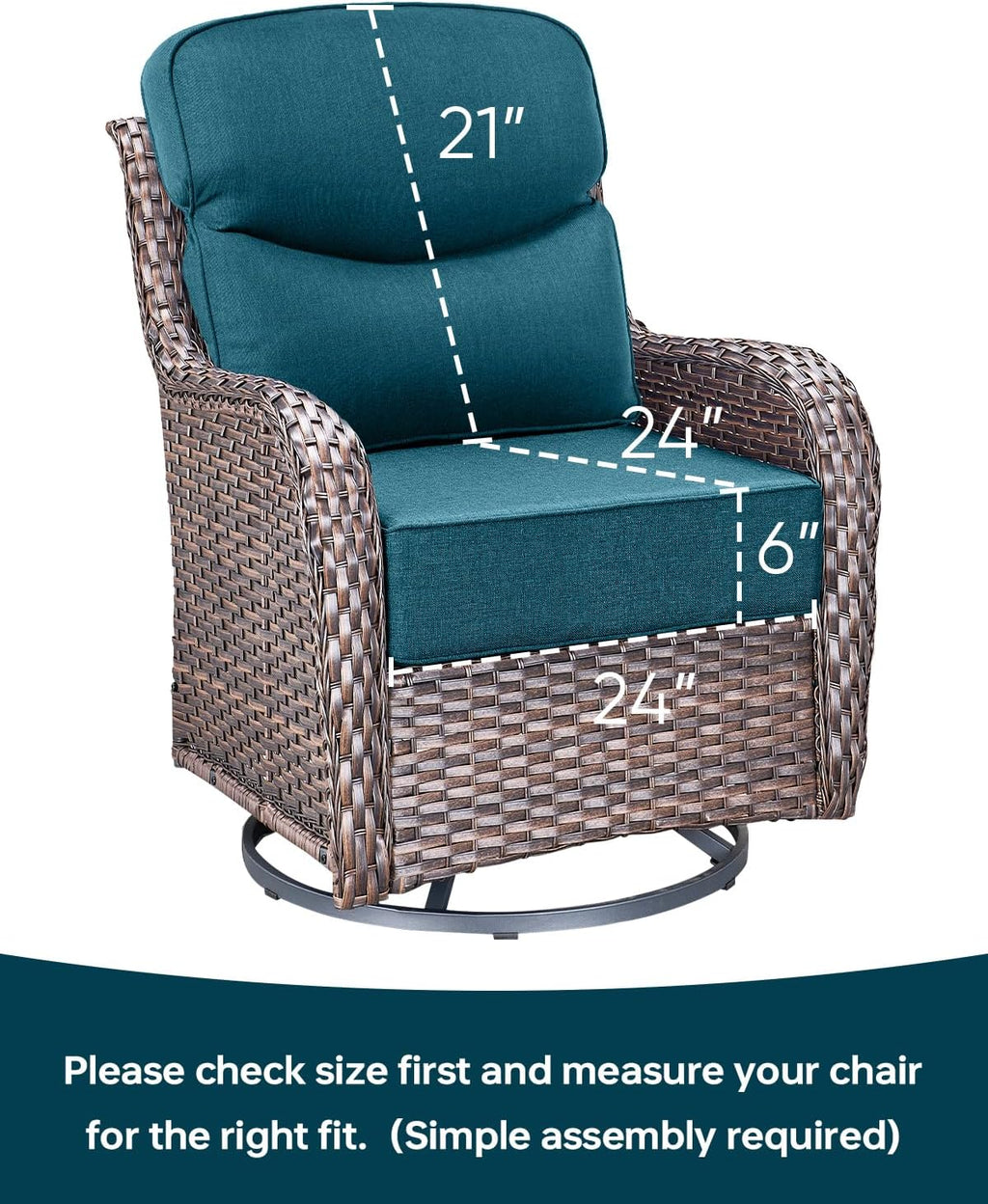 Luxury 24x24x6 Inch Smile Patio Cushions for Outdoor Furniture Set of 6 - Thick Back & Deep Seat Outside Chair Pillows for Rattan Metal Glider Loveseat Sectional Sofa - Peacock Blue