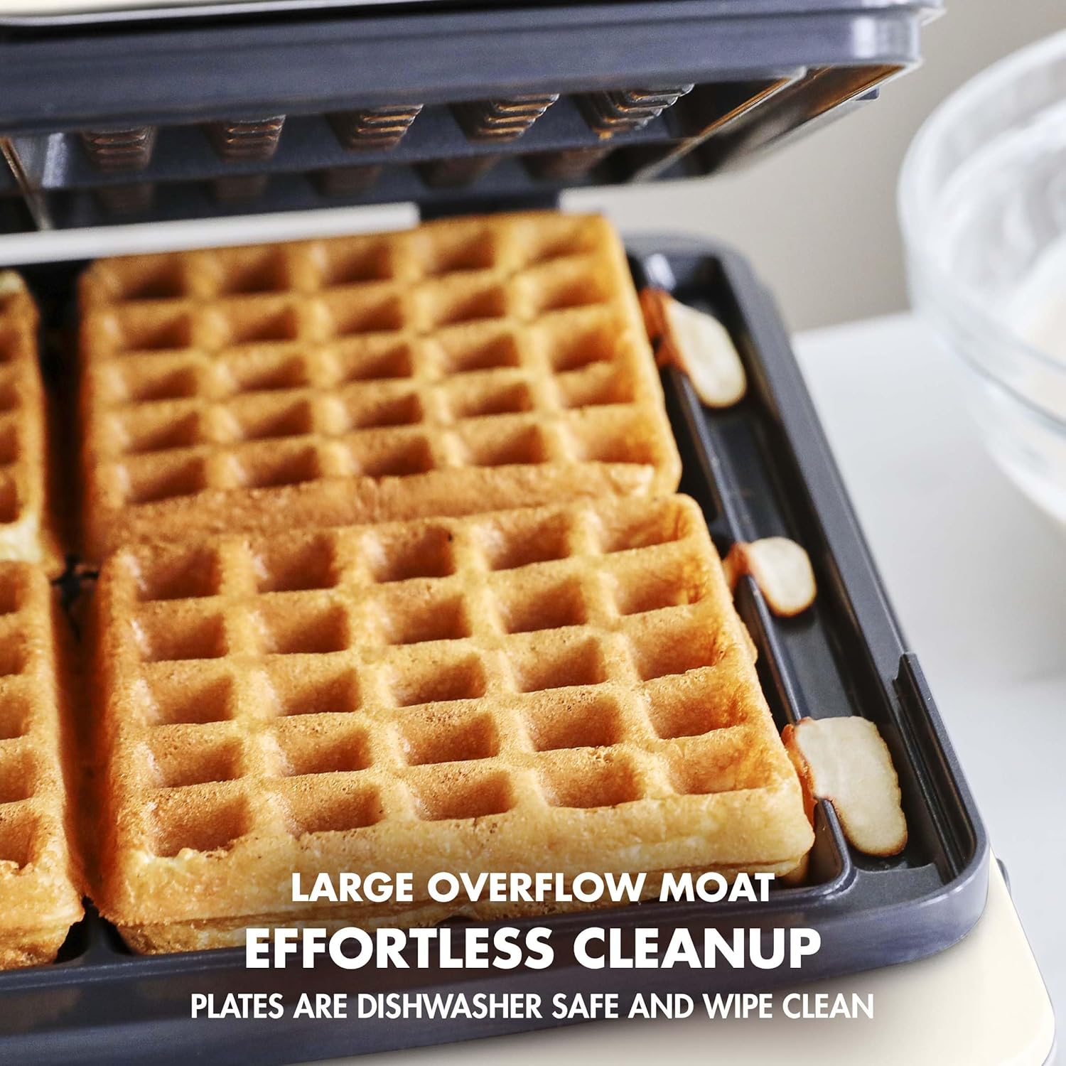 GreenPan Elite 4-Square Belgian & Classic Waffle Maker,Healthy Ceramic Nonstick Dishwasher Safe Plates, Adjustable Shade/Crunch Control, Wont Overflow, Easy Cleanup Breakfast, PFAS-Free, White
