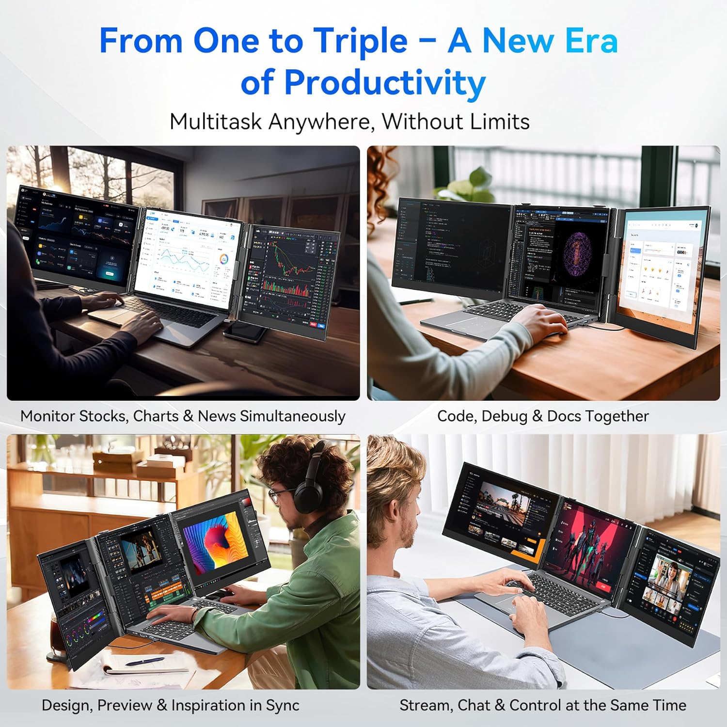 Blackview DCM6 Triple Laptop Screen Extender 14" 1080P FHD IPS Portable External Screen Two Cable USB C Travel for 13-17'' Laptop Plug & Play Compatible with Windows/Mac/Chrome OS and Mobile Devices
