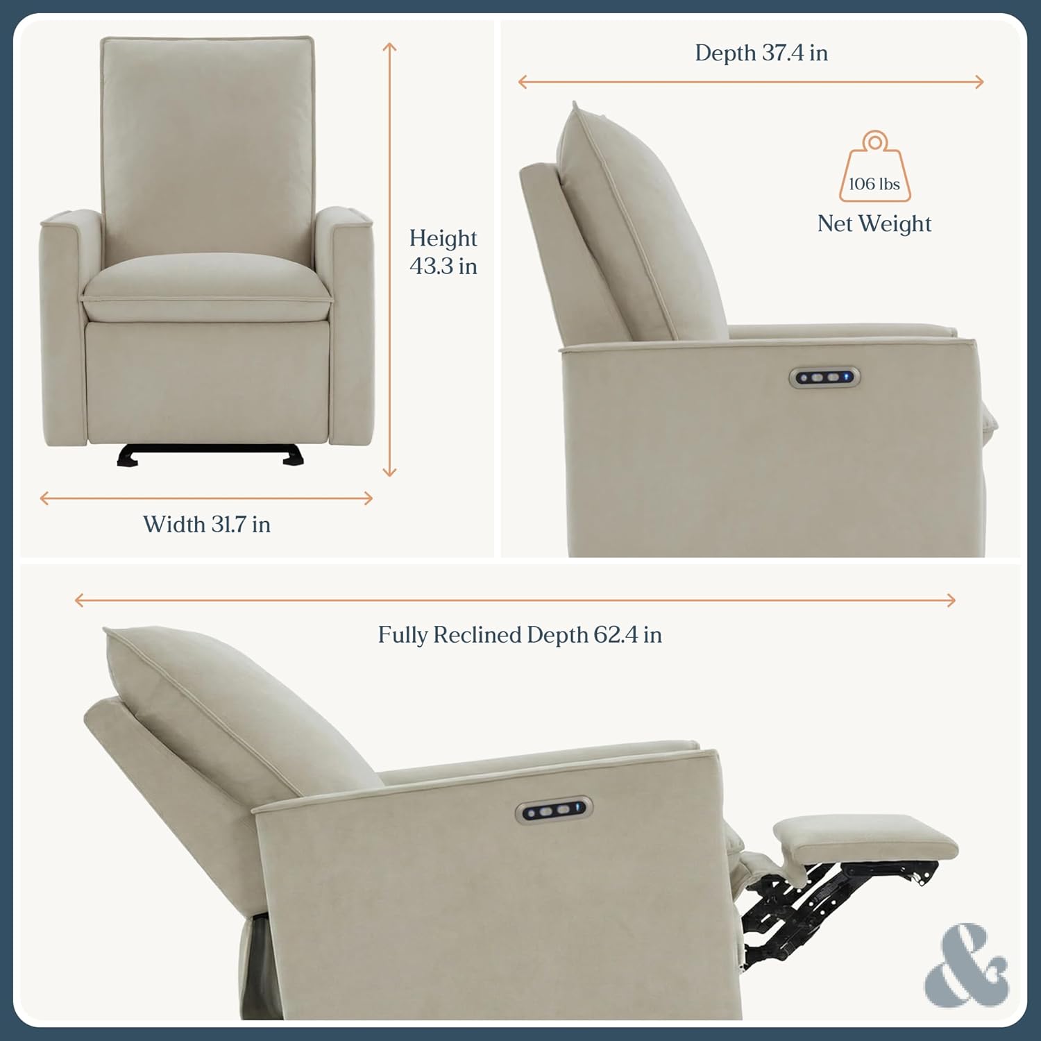 Nurture& Montauk Power Glider Recliner – Premium Nursery Recliner Chair with USB‑A/C, Adjustable Headrest & Gentle Glide, Stain‑Resistant Upholstery, Comfortable & Space‑Smart, Ivory