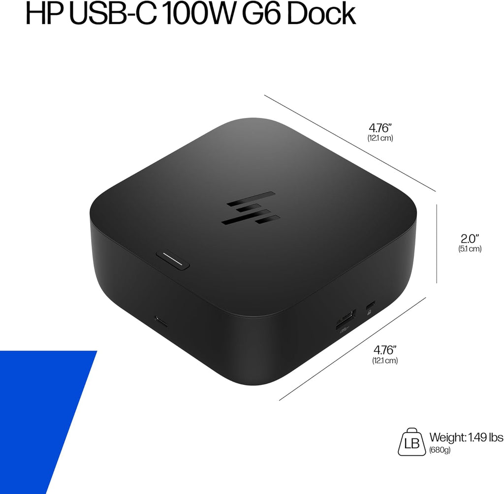 HP USB-C 100W G6 Dock  Future-Proof Design with Ambient LED Lighting and On-Screen Display Notifications  Additional USB-C Ports  Upgraded HDMI 2.1 Port  Upgraded to a 120Hz Refresh Rate