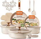 CAROTE 18Pcs Ceramic Cookware Set with Detachable Handle, Pots and Pans Set Non Stick, Non Toxic Cookware Set Removable Handles, Induction Kitchen Cookware Sets, Dishwasher/Oven Safe