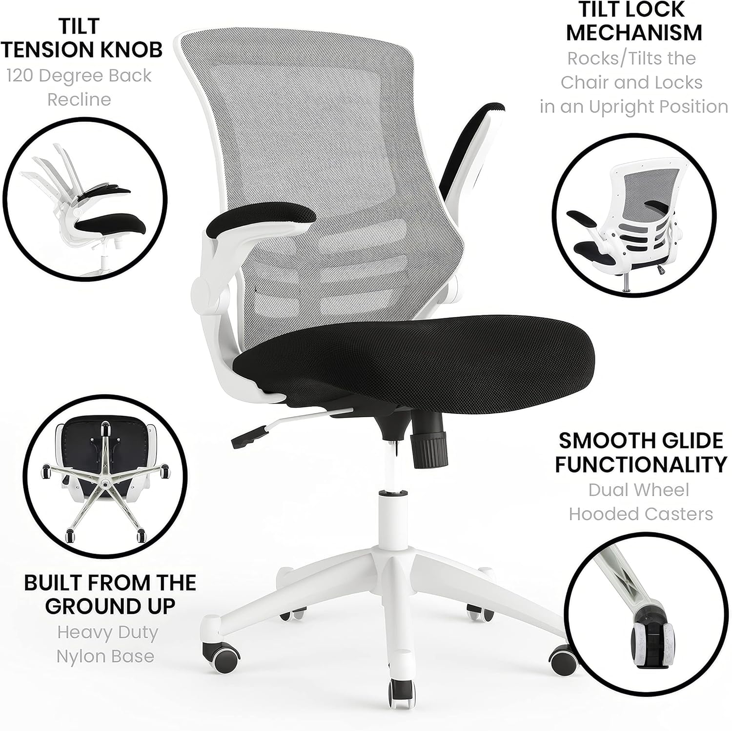 Flash Furniture Kelista Office Chair, Ergonomic, Mid-Back, White Frame, Black Mesh with Swivel