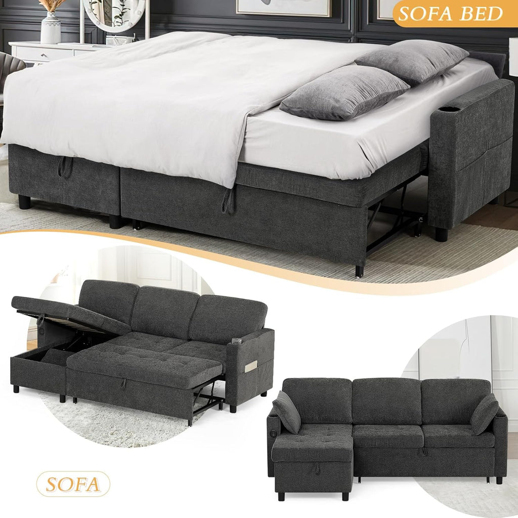 84" L-Shape Pull Out Sofa with 2 Storage Chaise, Fabric Sectional Sleeper Sofa with Adjustable Backrest, Upholstered Reversible Couch Bed with USB Port for Living Room, House, Grey