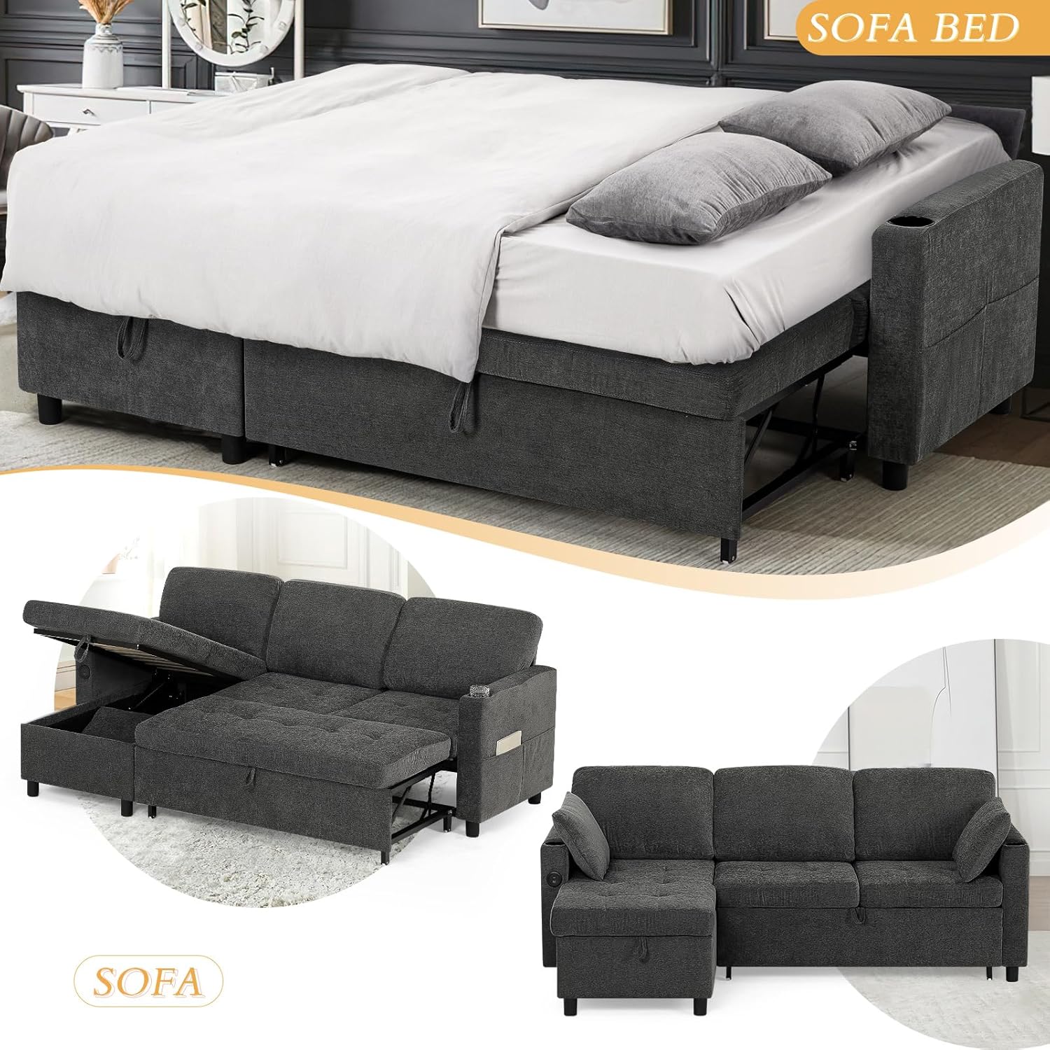 84" L-Shape Pull Out Sofa with 2 Storage Chaise, Fabric Sectional Sleeper Sofa with Adjustable Backrest, Upholstered Reversible Couch Bed with USB Port for Living Room, House, Grey