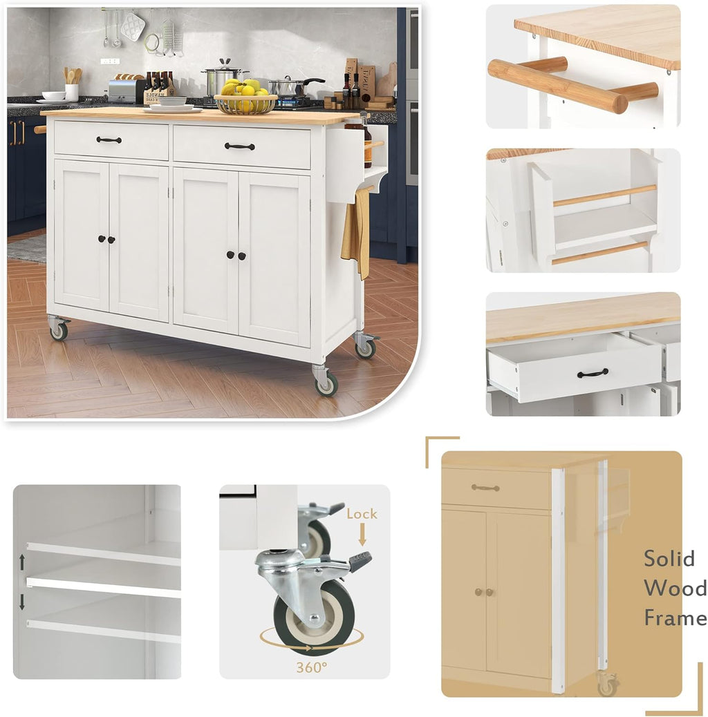 Merax Rolling Mobile Kitchen Island Cart with Wood Top and Locking Wheels, 4 Door Cabinets and 2 Drawers, Spice & Towel Rack, 54.3 Inch Width, White