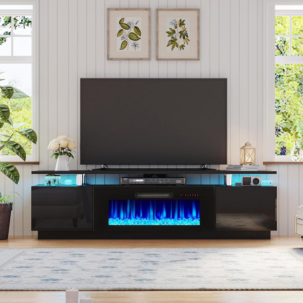 AMERLIFE Fireplace TV Stand with 40" Fireplace, 80" Modern Fireplace Entertainment Center LED Lights, 2 Tier TV Console Cabinet for TVs Up to 90", Obsidian Black