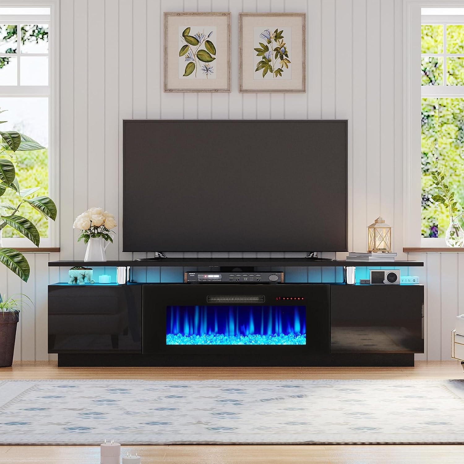 AMERLIFE Fireplace TV Stand with 40" Fireplace, 80" Modern Fireplace Entertainment Center LED Lights, 2 Tier TV Console Cabinet for TVs Up to 90", Obsidian Black