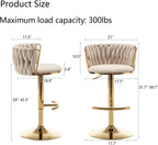 Velvet Bar Stools Set of 3, Counter Height Bar Chairs with Low Back, Gold Swivel Bar Stools for Kitchen Island, Pub (Beige)