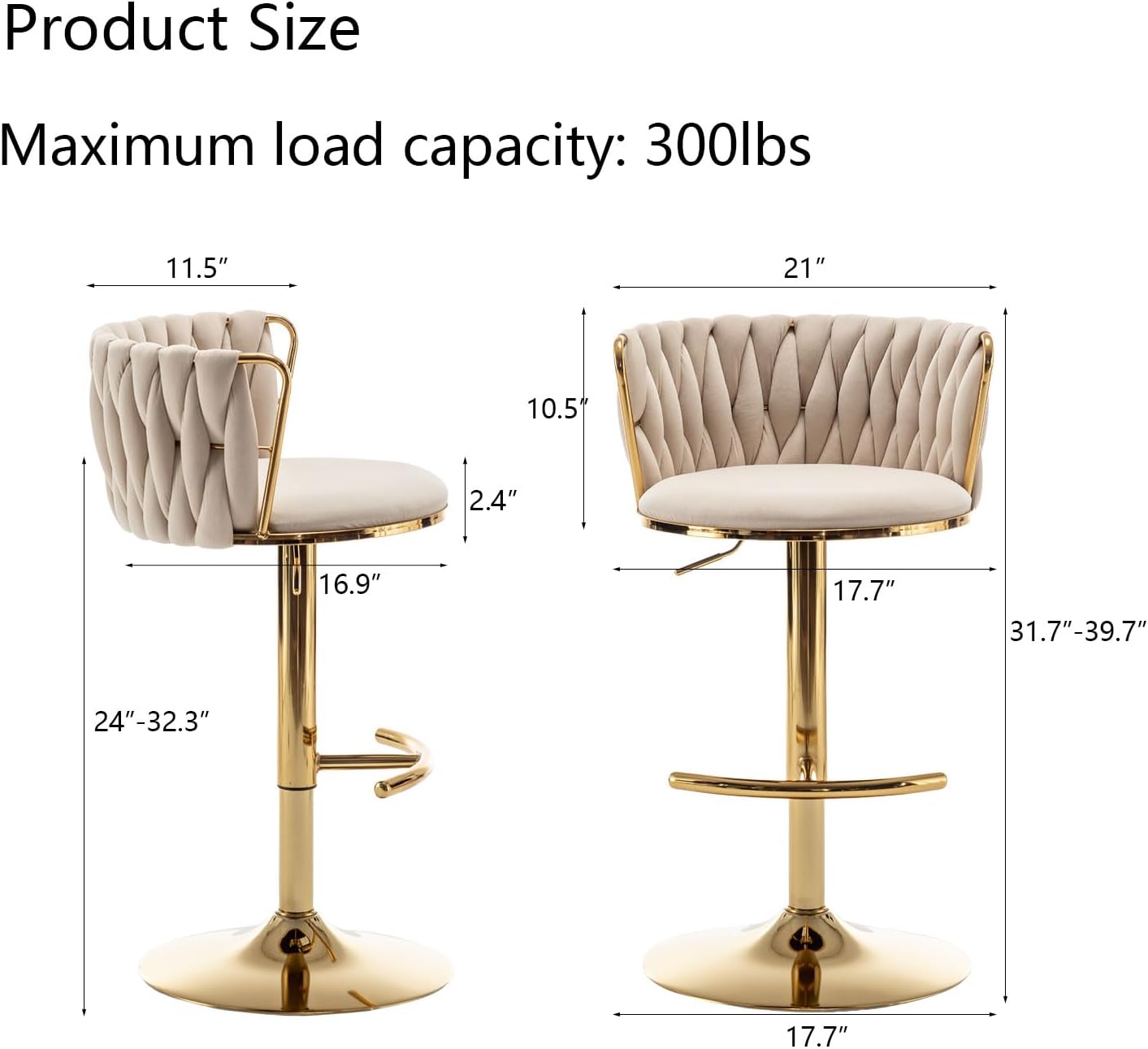 Velvet Bar Stools Set of 3, Counter Height Bar Chairs with Low Back, Gold Swivel Bar Stools for Kitchen Island, Pub (Beige)