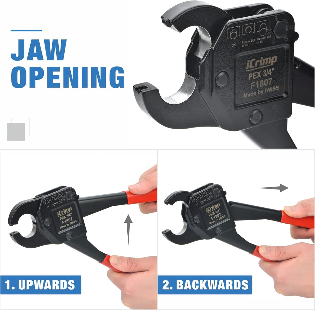 iCrimp IWS-1807CN PEX Crimping Tool Kit with PEX Crimpers, PEX Tubing Cutter, Copper Ring Removal Tool for 1/2’’ & 3/4’’ Copper Crimp Rings, Meets ASTM F1807 Standard