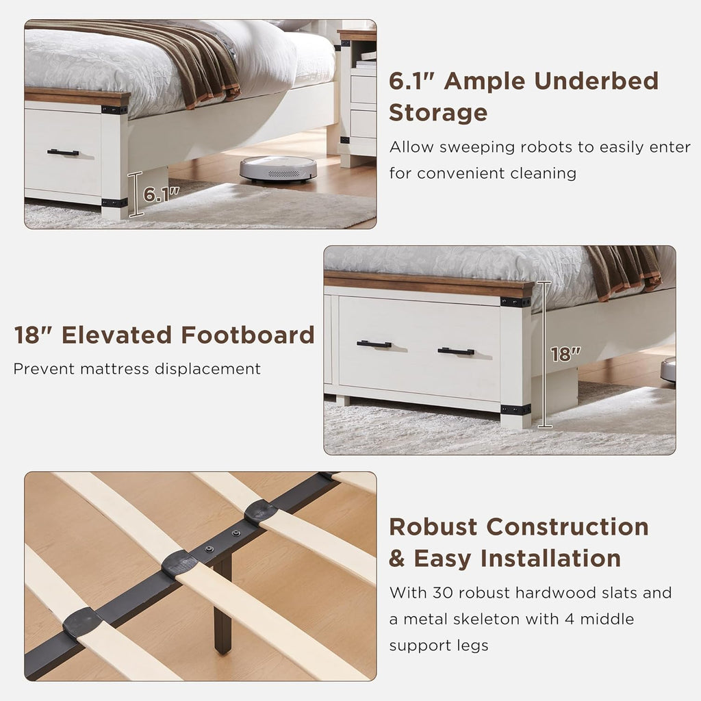 RedLemon Farmhouse King Size Wood Bed Frame with 54" Tall Geometric Headboard, 2 Large Storage Drawers, Solid Wood Slats Support, Noise Free, No Box Spring Needed, Antique White