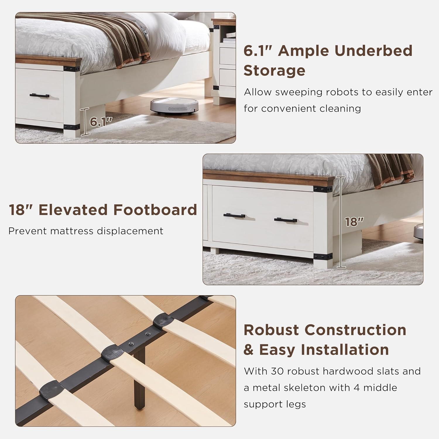 RedLemon Farmhouse King Size Wood Bed Frame with 54" Tall Geometric Headboard, 2 Large Storage Drawers, Solid Wood Slats Support, Noise Free, No Box Spring Needed, Antique White