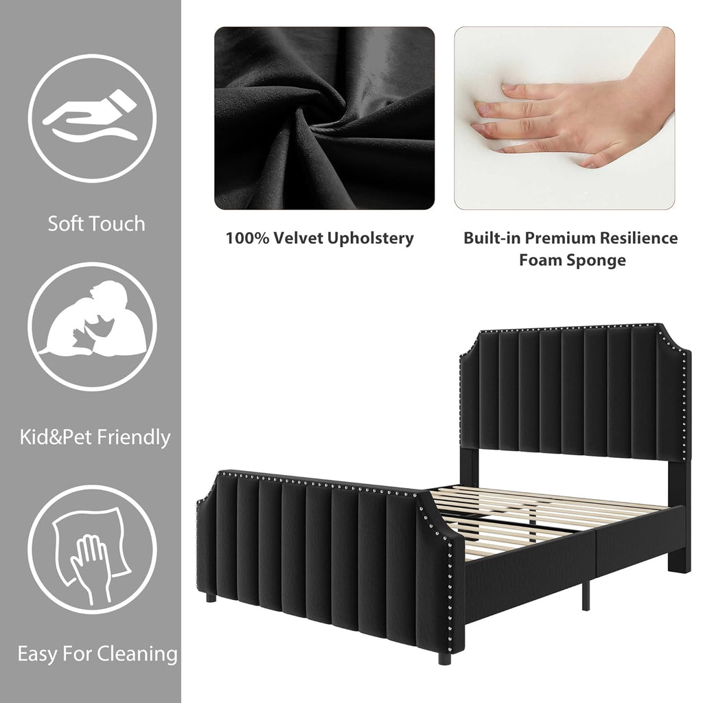 GarveeHome Queen Size Platform Bed Frame with 50.2 in Tall Headboard, Velvet Upholstered Bed Frame Queen with Vertical Channel Tufted Headboard & Footboard, Nailhead Trim, No Box Spring Needed, Black