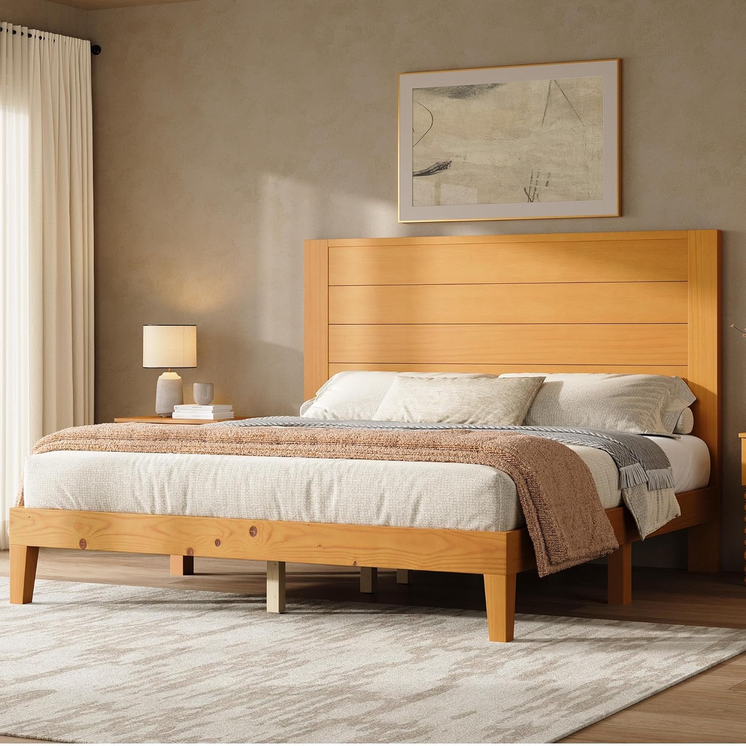 AMERLIFE Full Sizes Solid Wood Bed Frame with 48" Headboard, Mid Century Modern Platform Bed with Silent Wood Slat System, No Box Spring Needed, Under-Bed Storage, Natural