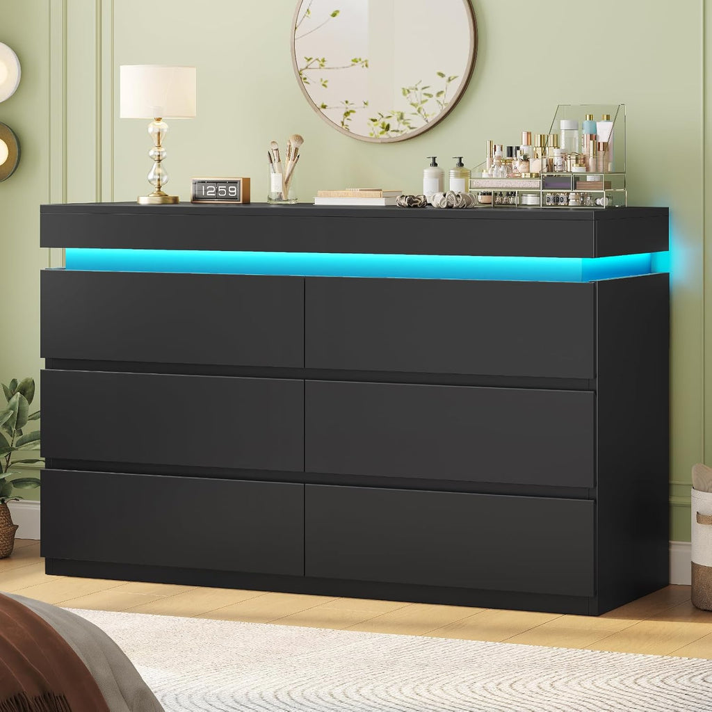 6 Drawer Dresser with LED Light, Black Modern Chest of Drawers for Bedroom,Closet Dressers with Drawers for Living Room, Entryway, Hallway