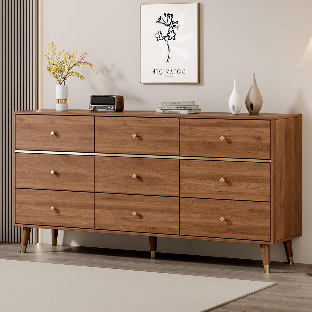 9 Drawer Dresser,63" Wide Mid Century Modern Chest of Drawers,Wooden Bedroom Drawer Dresser with 9 Storage Drawers for Bedroom, Living Room,with Anti-Tipping Device,Walnuts