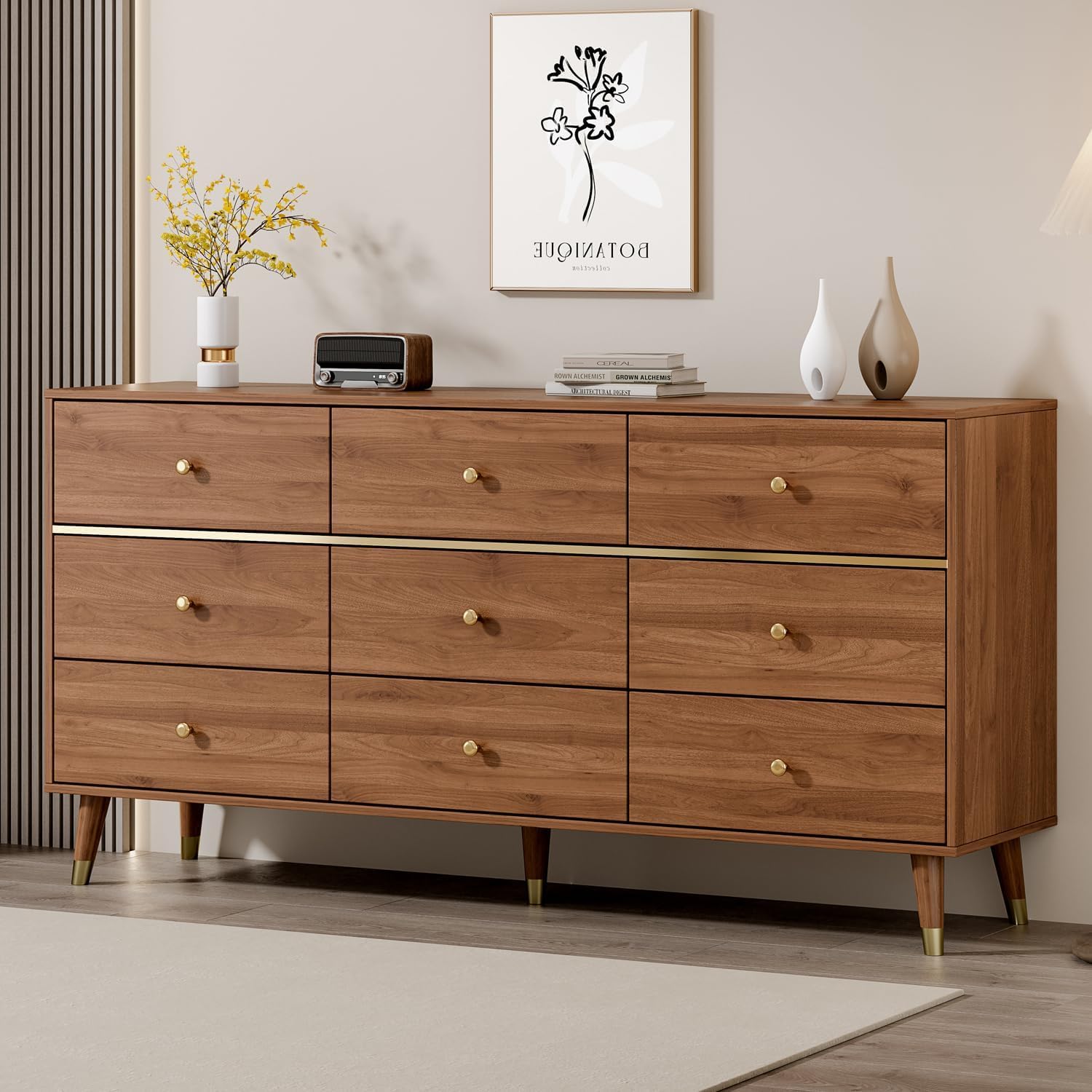 9 Drawer Dresser,63" Wide Mid Century Modern Chest of Drawers,Wooden Bedroom Drawer Dresser with 9 Storage Drawers for Bedroom, Living Room,with Anti-Tipping Device,Walnuts