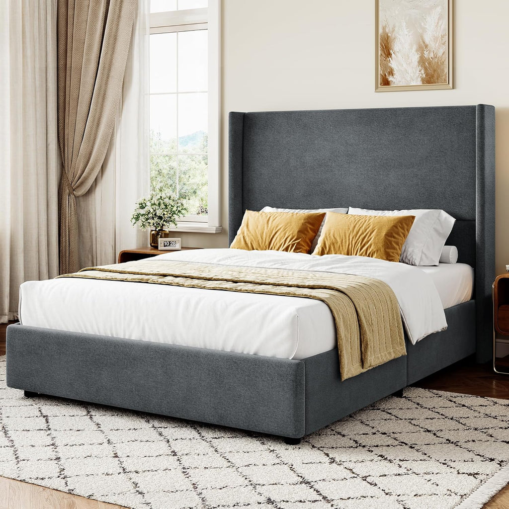 Queen Bed Frame, Upholstered Platform Bed with 55.5" Tall Wingback Headboard, Solid Wooden Slats, Noise-Free Mattress Foundation, No Box Spring Needed, Easy Assembly, Grey