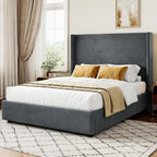 Queen Bed Frame, Upholstered Platform Bed with 55.5" Tall Wingback Headboard, Solid Wooden Slats, Noise-Free Mattress Foundation, No Box Spring Needed, Easy Assembly, Grey